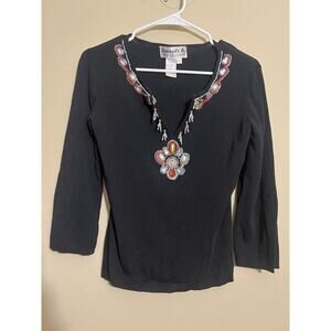 VTG Joseph A Woman Med V Neck Bejeweled Embroidered Boho Y2K Eccentric Hippie